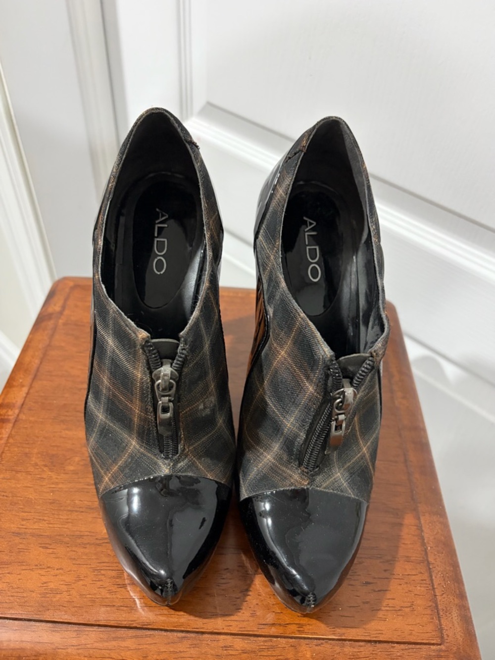 Aldo Black Leather and Plaid Platform Zip Booties. Like new. Worn once.